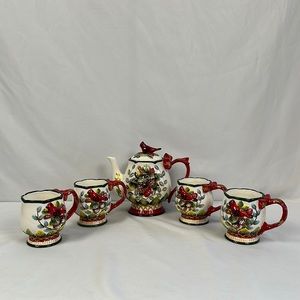 Cosmos Gifts Evergreen Holiday Teapot & Four Tea Cups